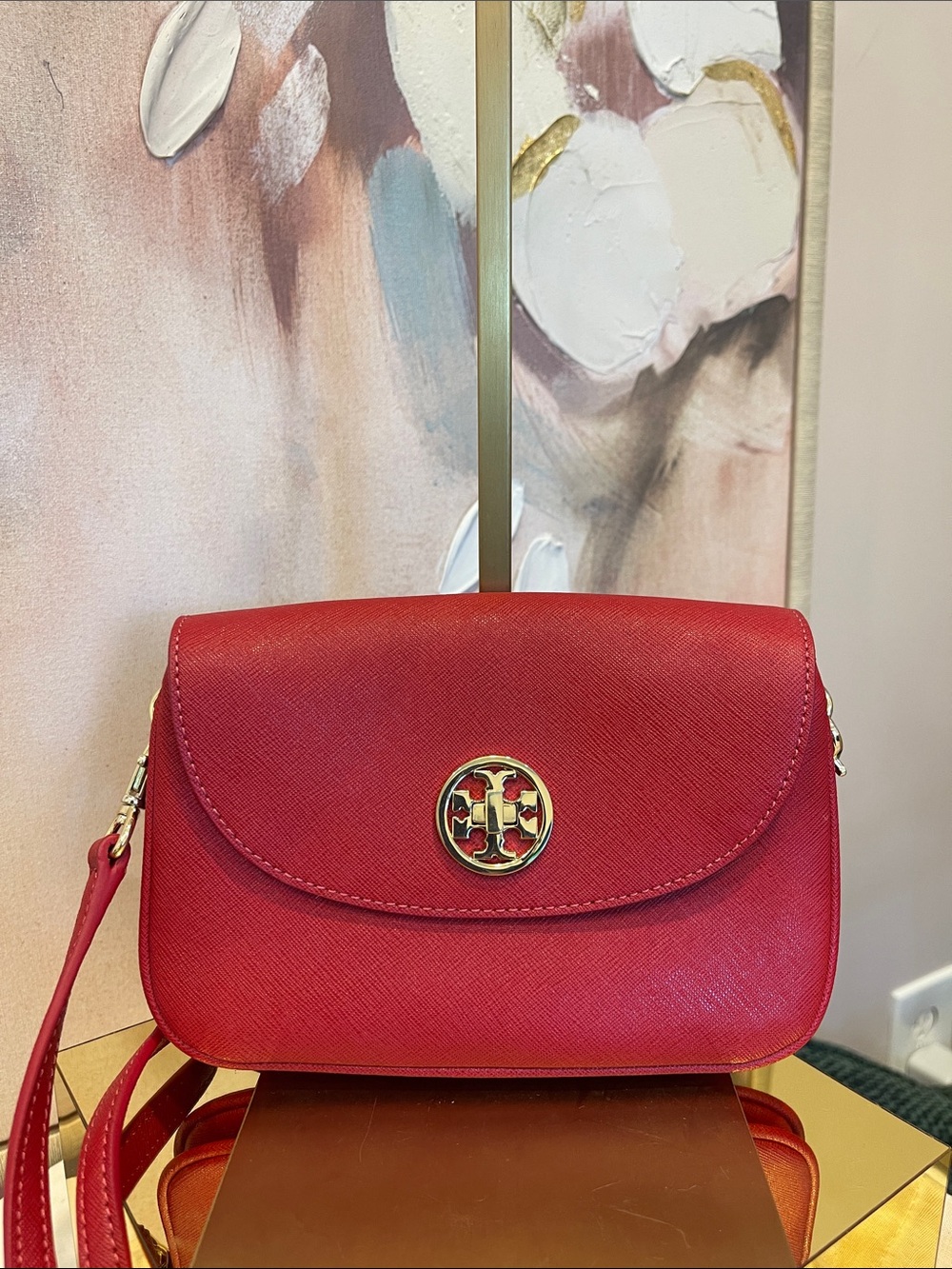 Tory Burch Red Saffiano Crossbody with Gold Emblem